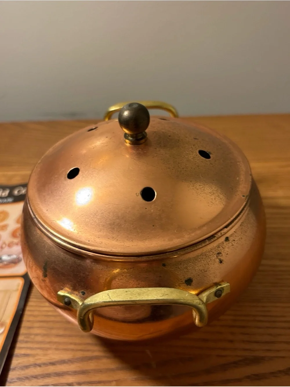 Copper-Tone Venting Sugar Bowl with Brass Handles
